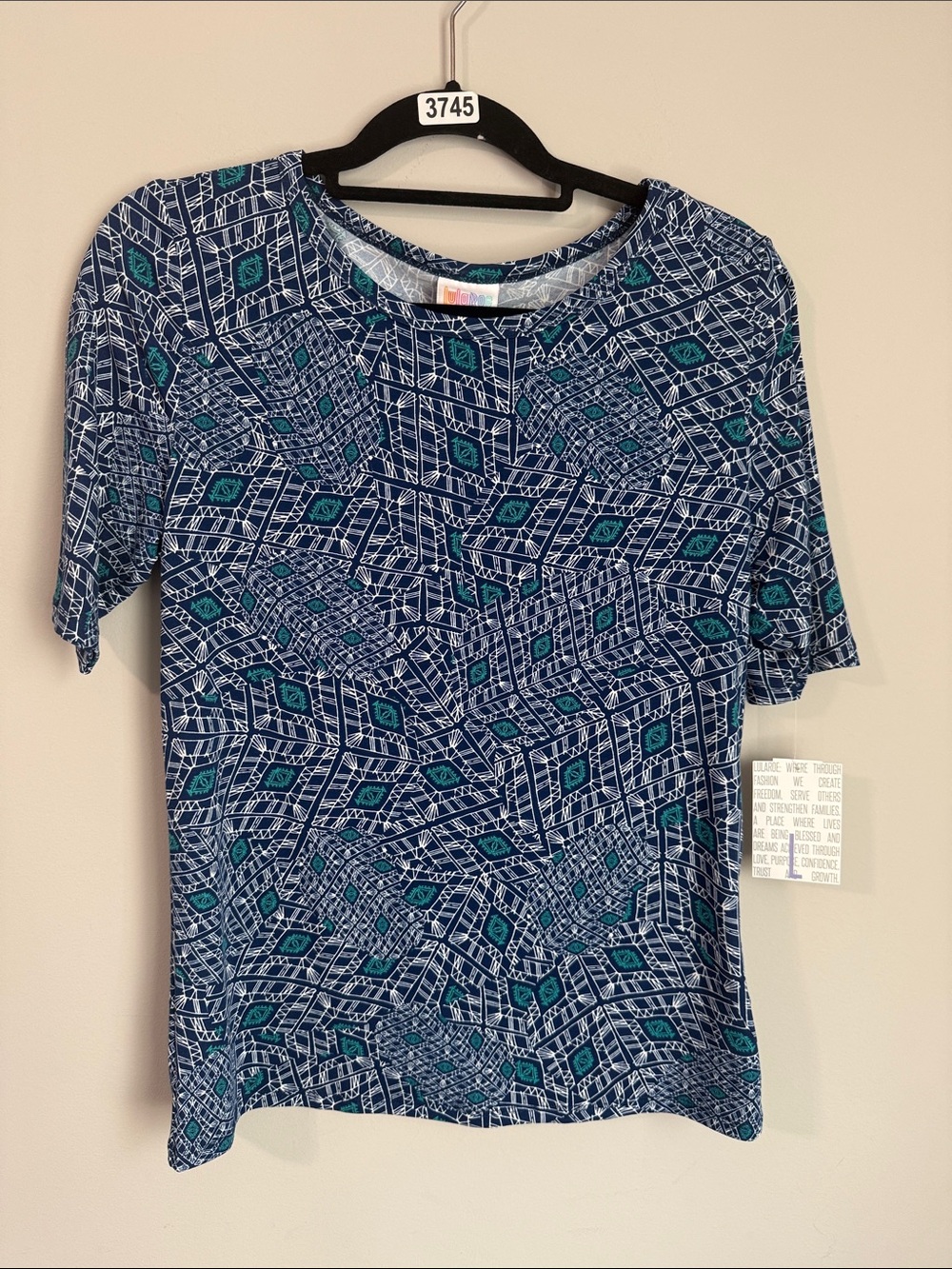 LuLaRoe Navy & Teal Geometric Print Short Sleeve Tee